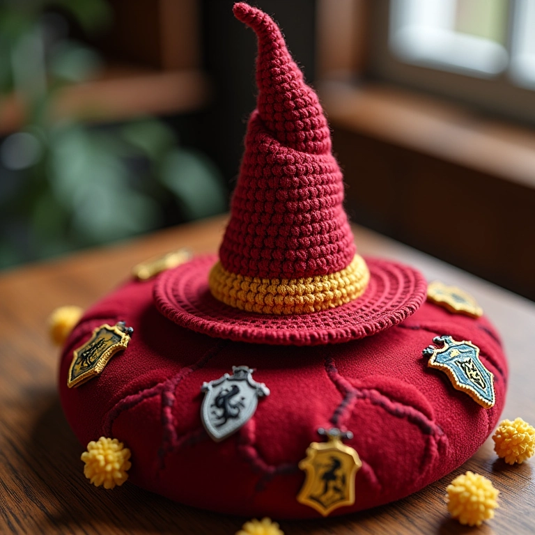 Amigurumi Chapéu Seletor com brasões das casas.