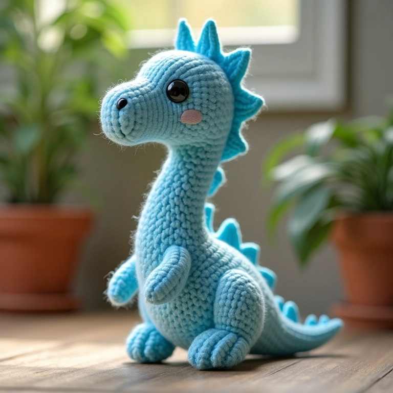 Amigurumi de Braquiossauro azul em crochê.