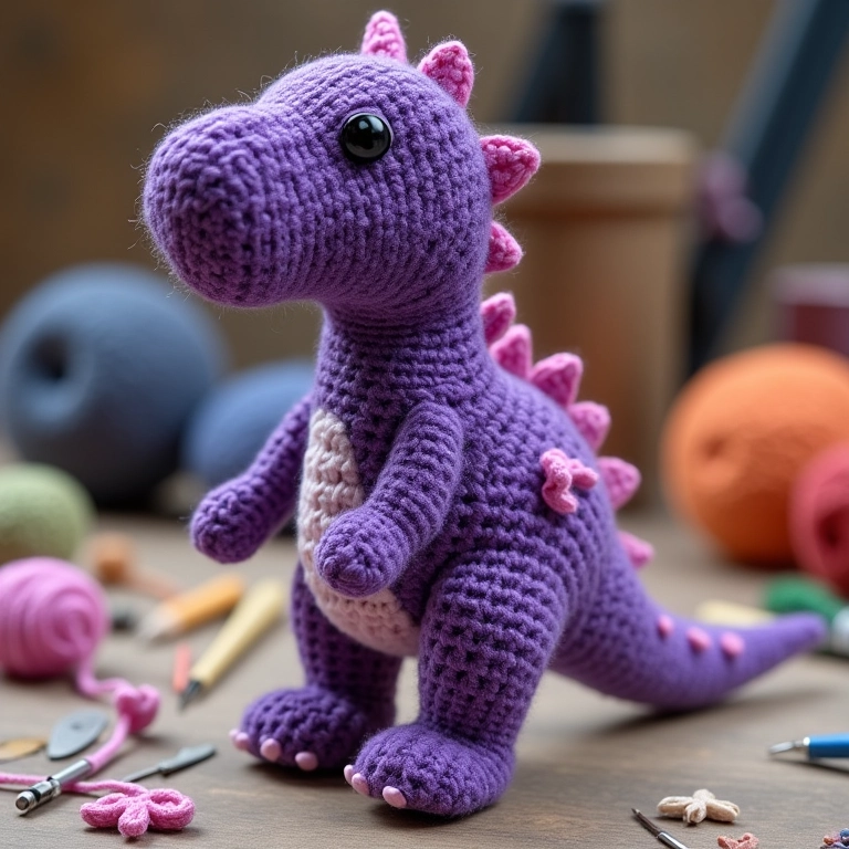 Amigurumi de Estegossauro roxo em crochê.
