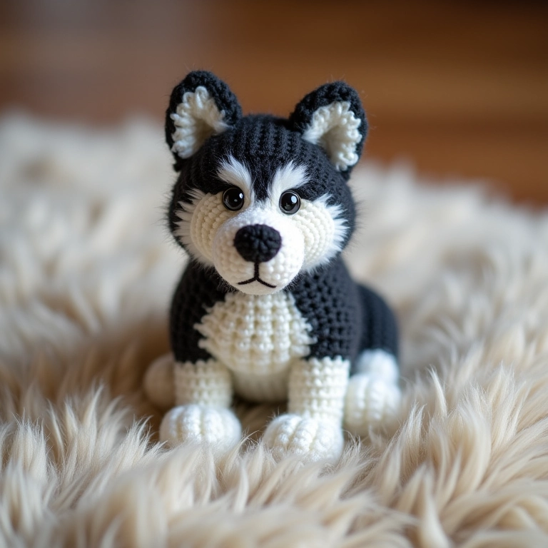 Amigurumi de Husky Siberiano detalhado.