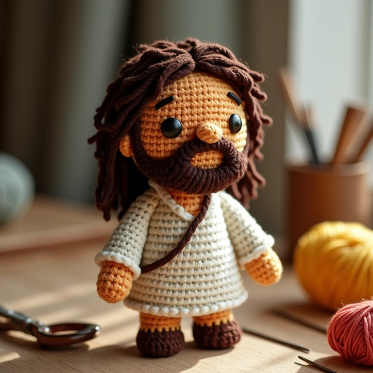 Jesus Amigurumi: Uma Peça de Fé e Arte Para Sua Casa Amigurumi de Jesus Cristo feito à mão, com detalhes delicados e expressão serena.