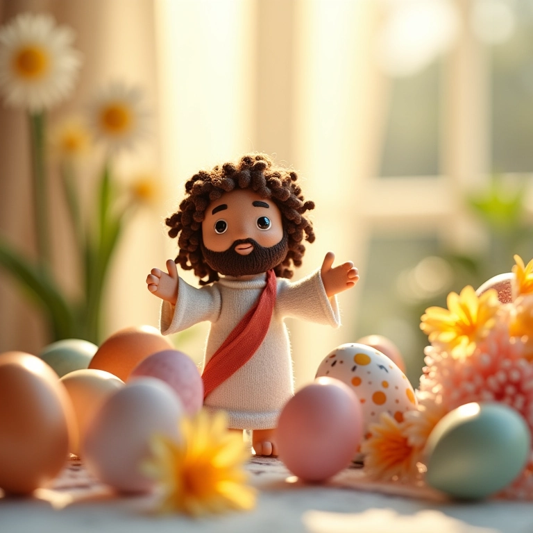 Amigurumi de Jesus na decoração da mesa de Páscoa, representando ressurreição e esperança.