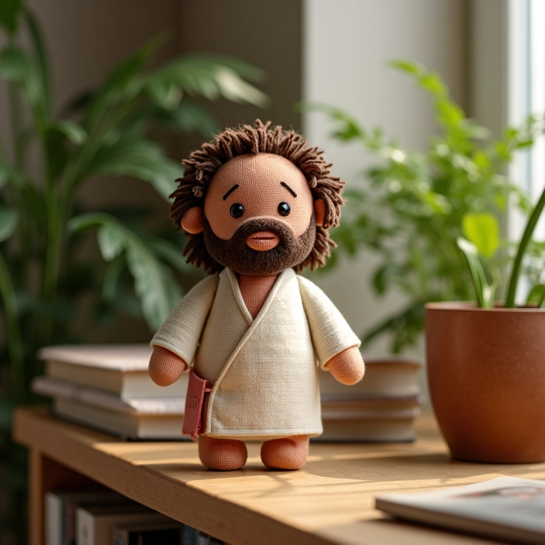 Amigurumi de Jesus na sala de estar, um toque de fé e elegância na decoração.