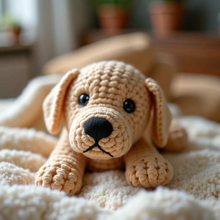 Amigurumi de Labrador de crochê em close-up.