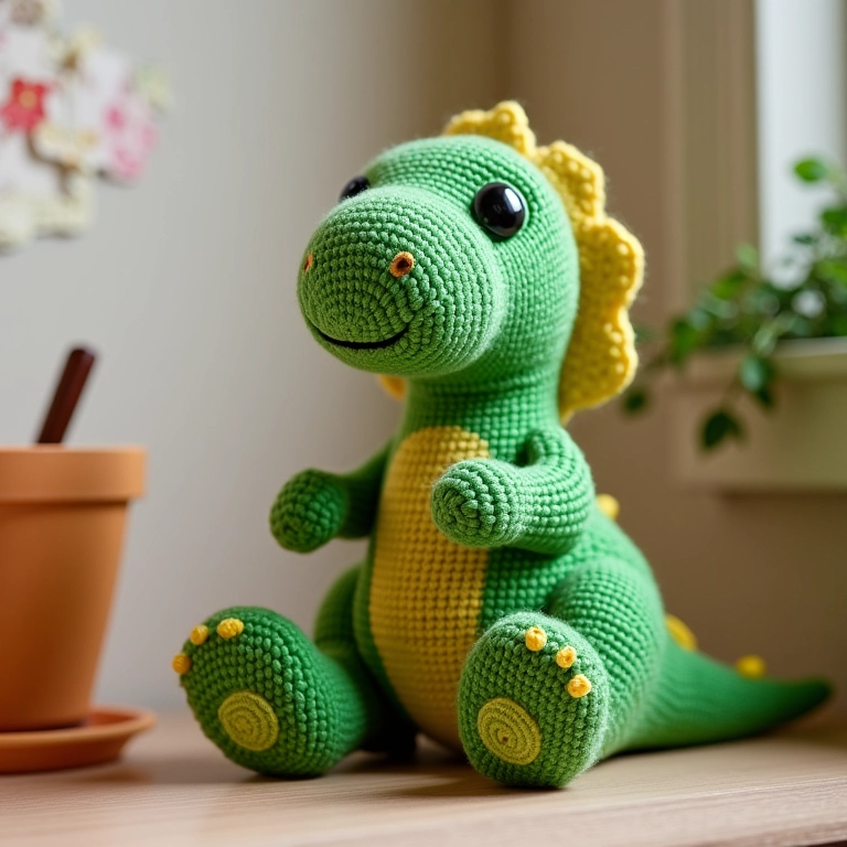 Amigurumi de T-Rex verde em crochê.