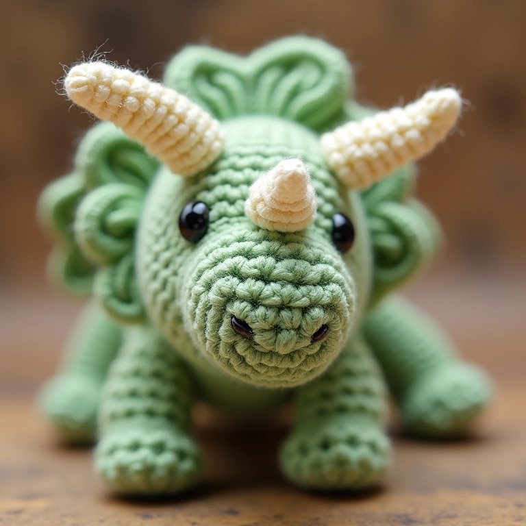 Amigurumi de Triceratops em crochê verde e creme.