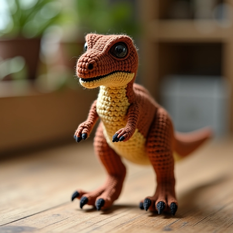 Amigurumi de Velociraptor marrom e bege em crochê.