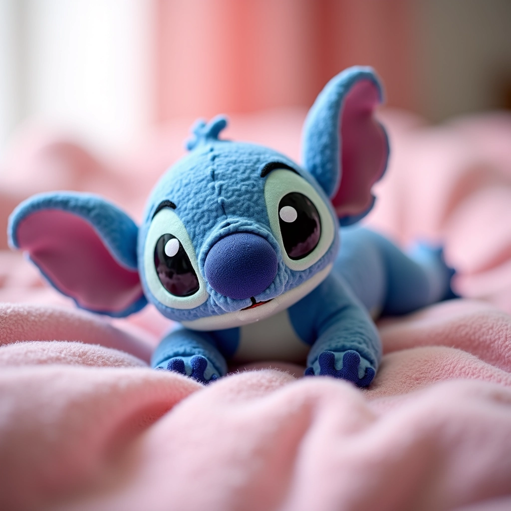 Amigurumi do Baby Stitch em um cobertor de bebê.