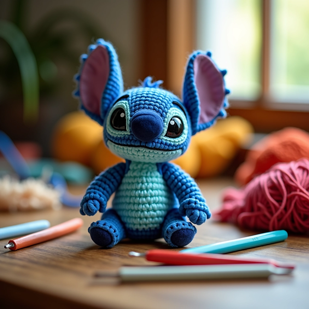 Amigurumi do Stitch em crochê, detalhes da textura da lã.