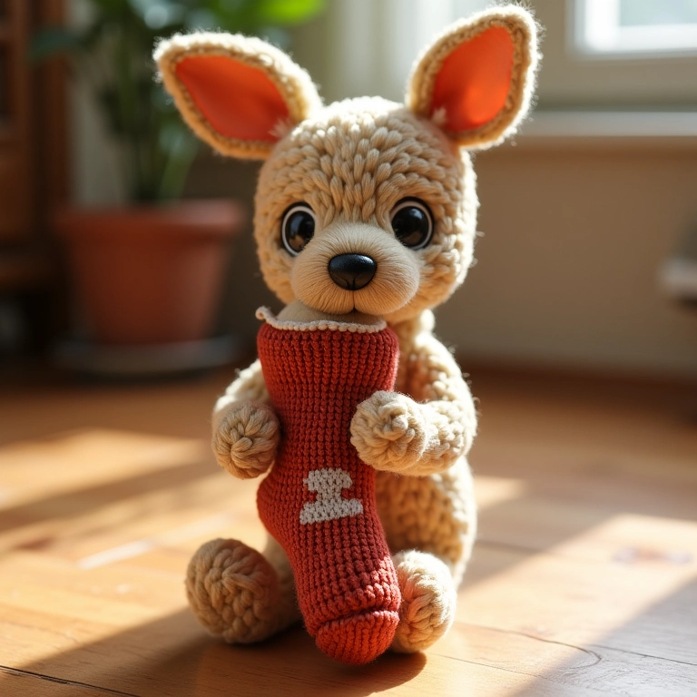 Amigurumi Dobby segurando uma meia.