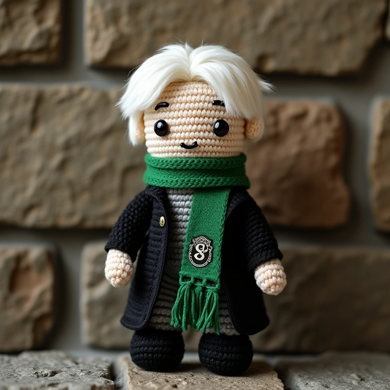 Amigurumi Draco Malfoy com cachecol Sonserina.