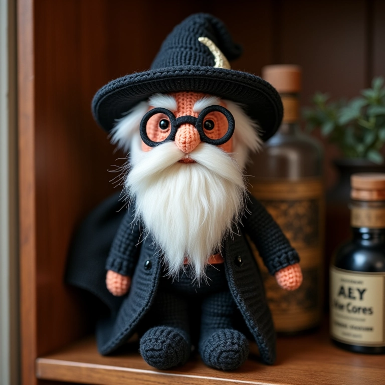 Amigurumi Dumbledore com óculos e poções.