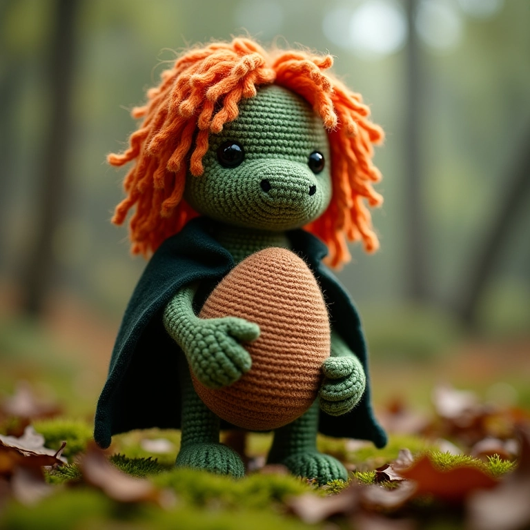 Amigurumi Hagrid segurando um ovo de dragão.
