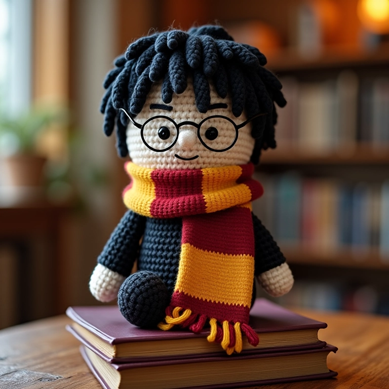 Amigurumi Harry Potter com cachecol Grifinória.