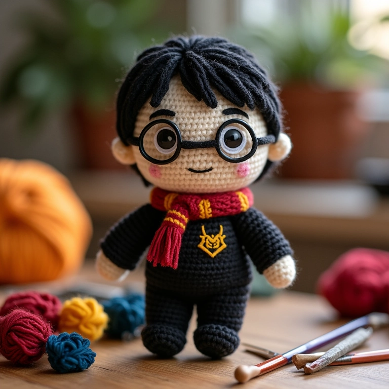 Amigurumi Harry Potter em close-up, mesa de artesanato.