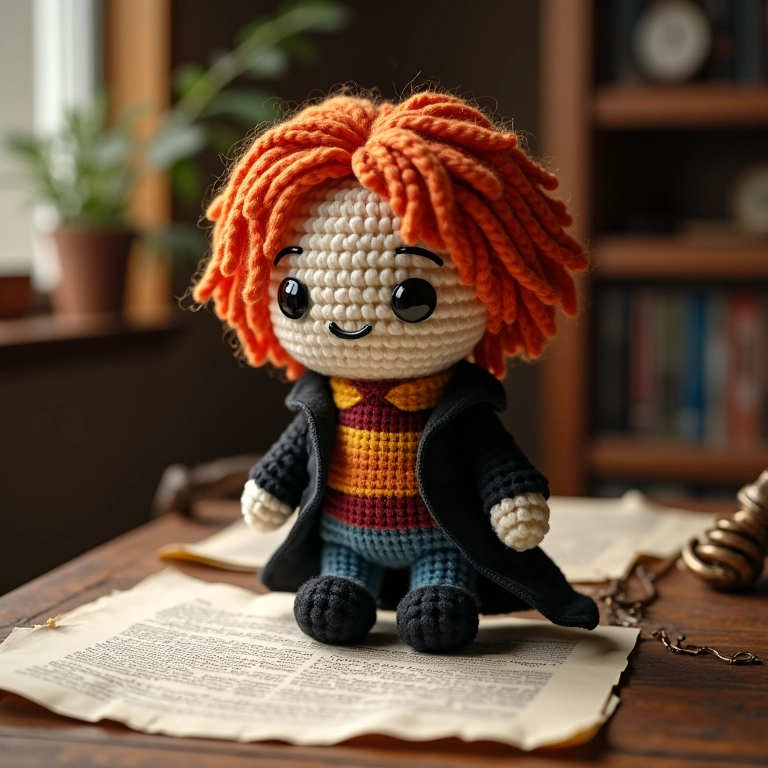 Amigurumi Hermione Granger com pena e pergaminho.