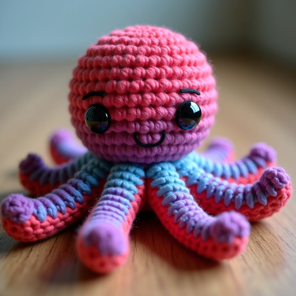 Amigurumi polvo colorido feito à mão, perfeito para iniciantes no crochê.