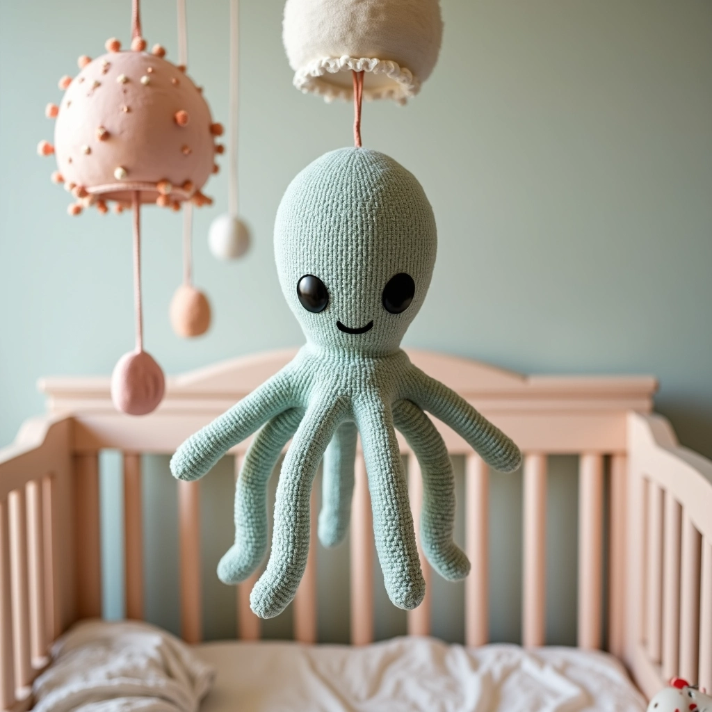 Amigurumi polvo como mobile para berço de bebê.