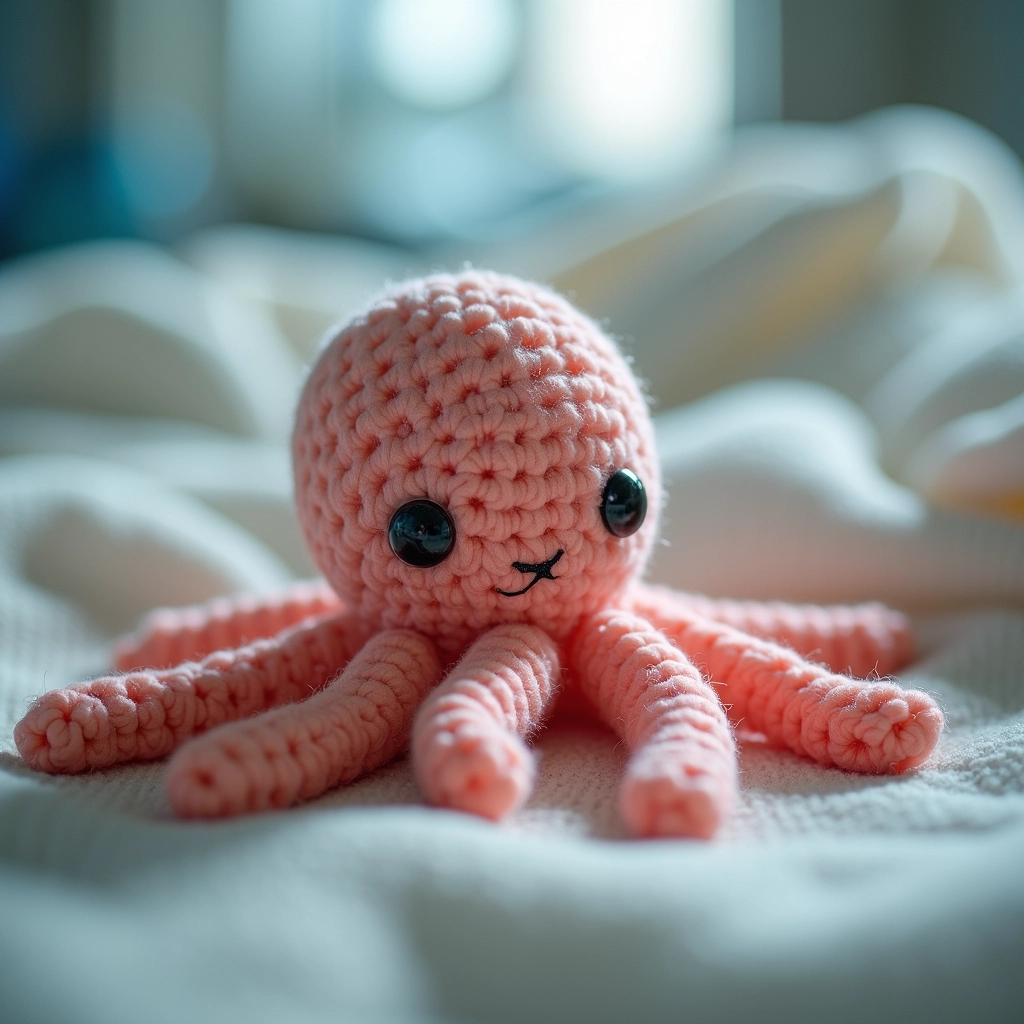 Amigurumi polvo para bebês prematuros em incubadora hospitalar.