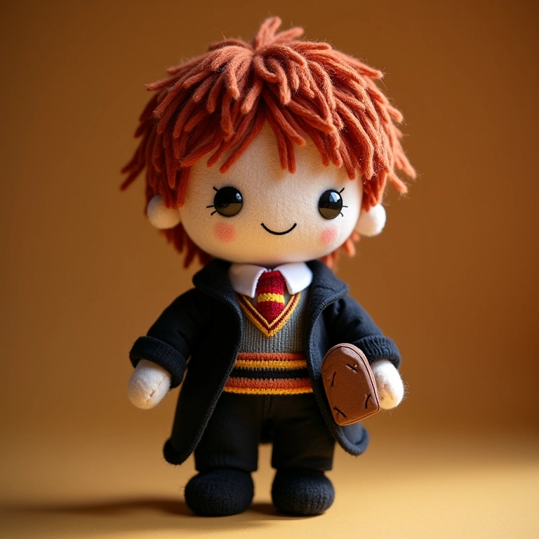 Amigurumi Ron Weasley segurando um sapo de chocolate.