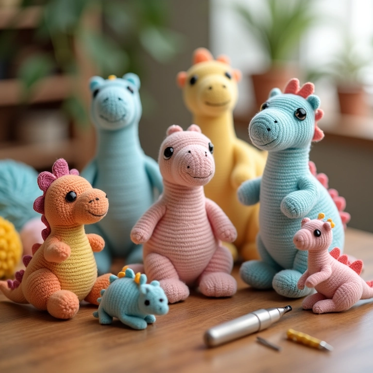Amigurumis de dinossauros coloridos em crochê.
