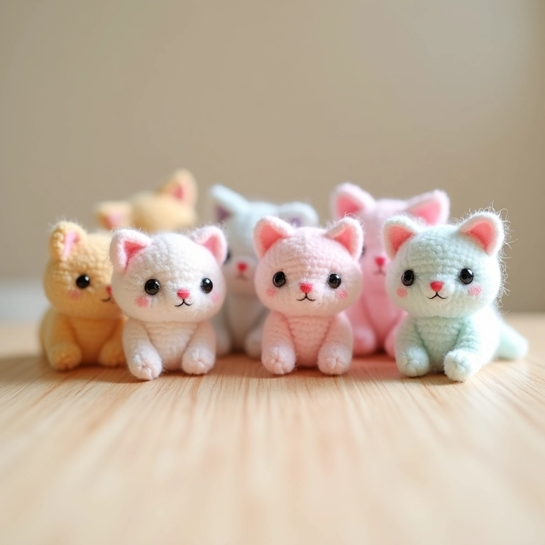 Amigurumis de gatinhos coloridos em crochê, perfeitos para decoração e presentes.