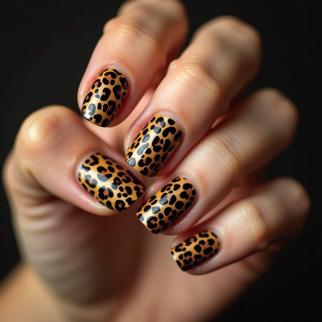 Animal print coffee nail art on woman's hand, leopard pattern, bold style, professional Unha animal print café ousada.