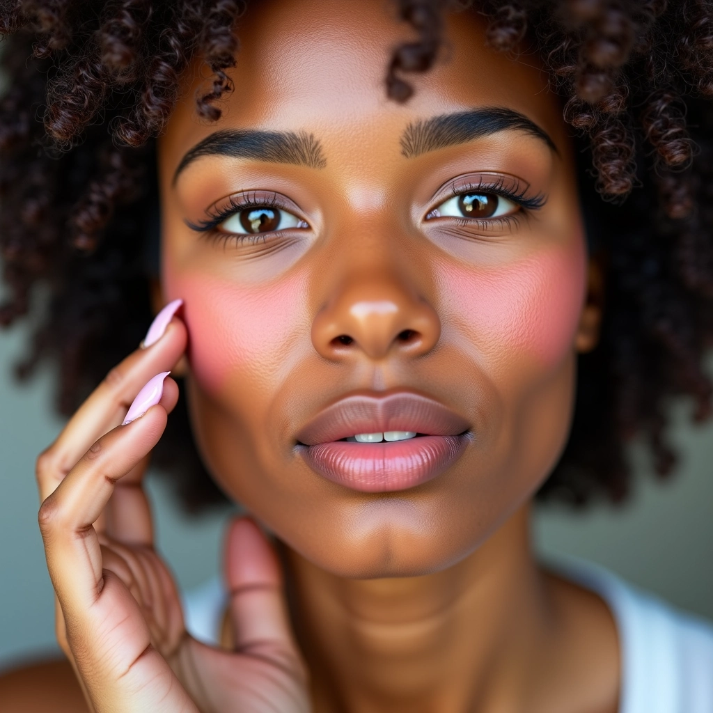 Aplicação de blush nas maçãs do rosto para um toque de saúde.