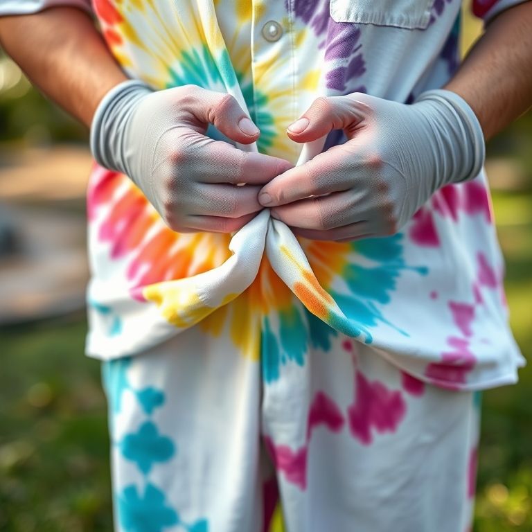 Aplicando a técnica de tie-dye em um pijama branco para criar um visual hippie chic e colorido.