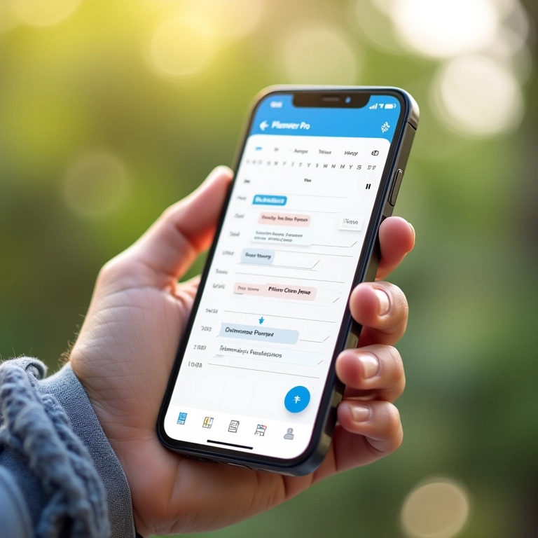 Aplicativo Planner Pro no smartphone, visualização de calendário com blocos de tempo.
