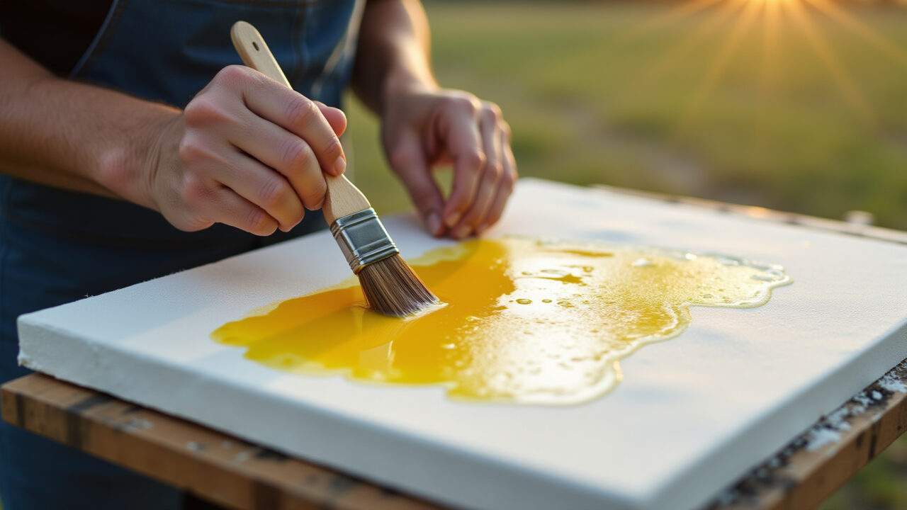 Applying linseed oil on a canvas fabric with a brush, natural waterproofing, outdoor setting, Lona sendo impermeabilizada com óleo de linhaça fervido.