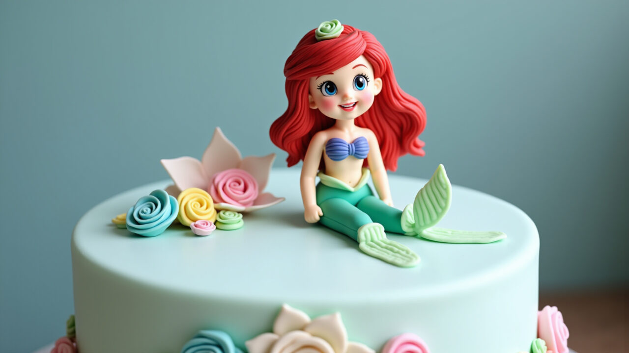 Ariel baby cake, soft colors, flowers, ribbons, baby Ariel figure, professional photography, 8K Bolo da Ariel baby com cores suaves e detalhes delicados.
