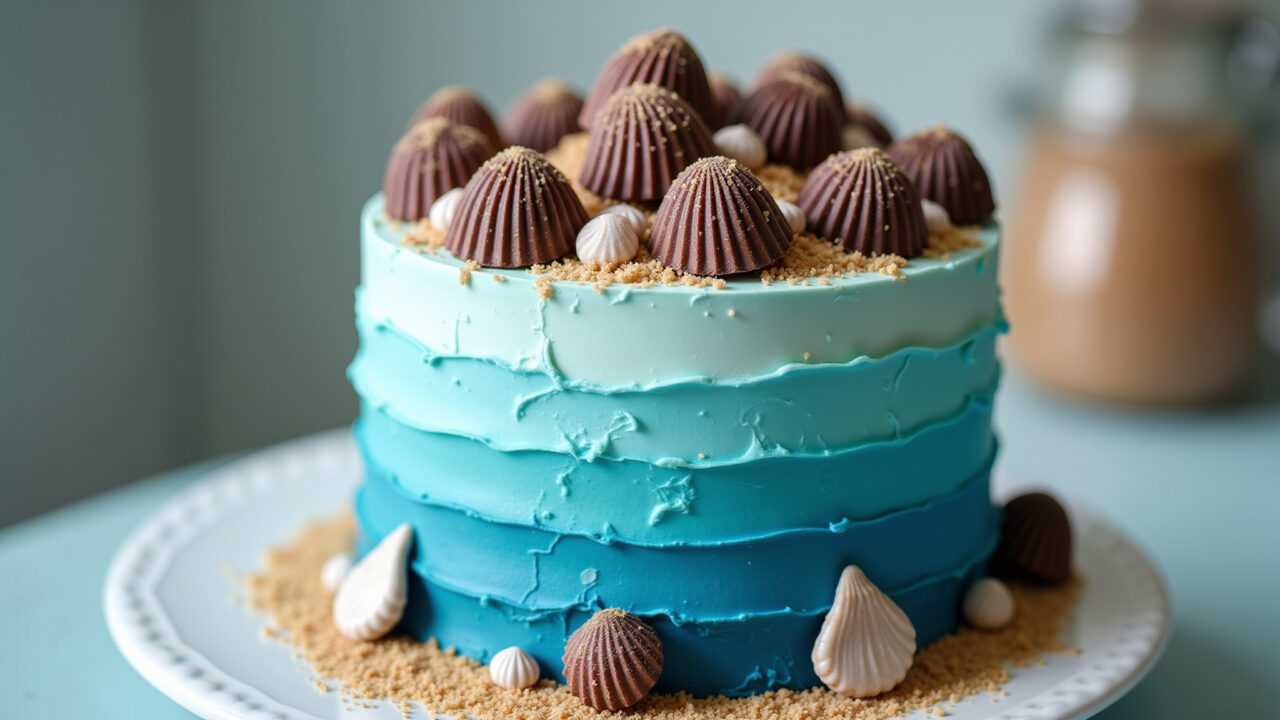 Ariel cake simple, blue ombre frosting, chocolate seashells, edible glitter, professional Bolo da Ariel simples com cobertura azul degradê e conchas de chocolate.