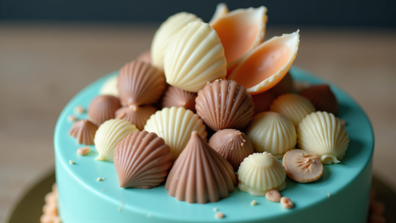 Ariel cake with chocolate seashells, white chocolate, milk chocolate, professional photography, 8K Bolo da Ariel com conchas de chocolate e delícia crocante.