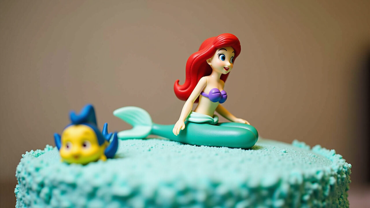 Ariel cake with fondant, Ariel figure, Flounder, Sebastian, vibrant colors, professional Bolo da Ariel com pasta americana e modelagens dos personagens.