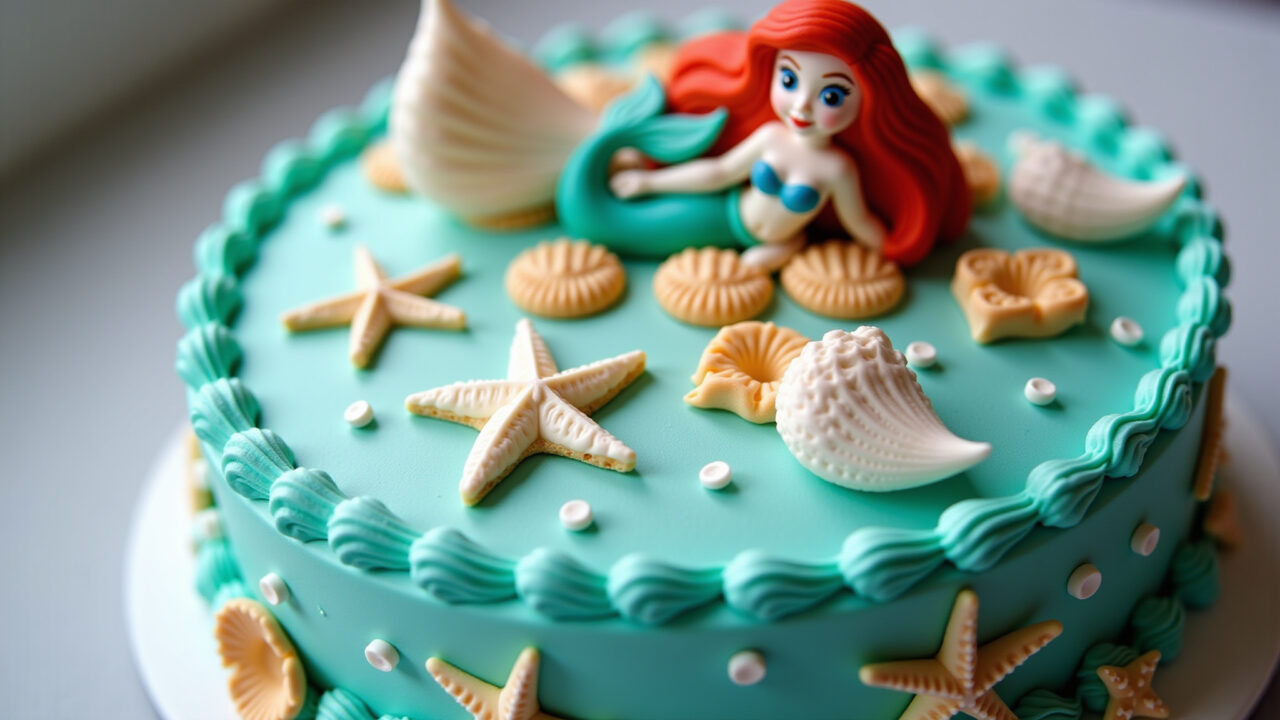 Ariel cake with royal icing, seashells, starfish, piping details, professional photography, 8K Bolo da Ariel com glacê real e detalhes elegantes.