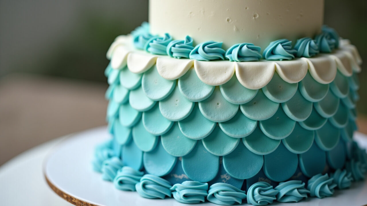 Ariel cake with scales, fondant scales, whipped cream scales, textured effect, professional Bolo da Ariel com efeito de escamas e textura incrível.
