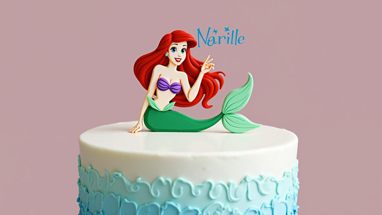 Ariel cake with topper, printed characters, personalized name, professional photography, 8K Bolo da Ariel com topper personalizado com o nome da aniversariante.