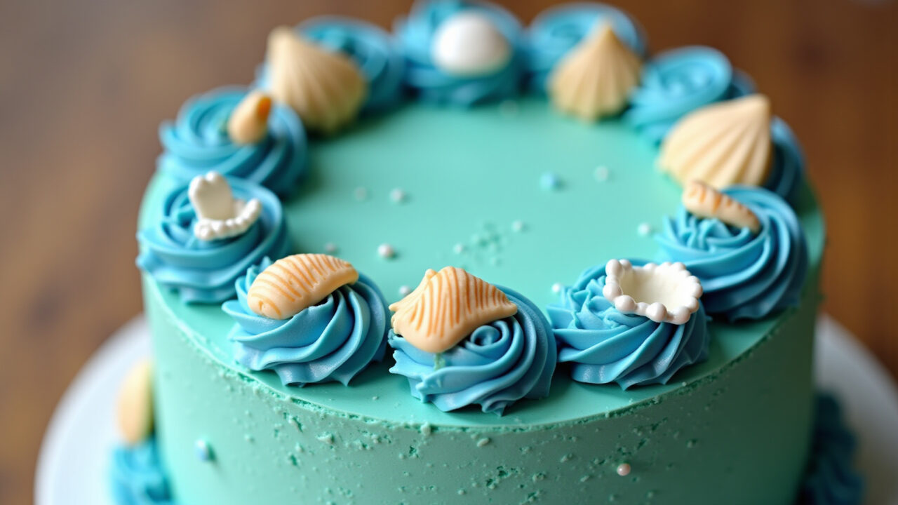 Ariel cake with whipped cream, blue and green frosting, edible pearls, fondant seashells, Bolo da Ariel com chantilly colorido e pérolas comestíveis.