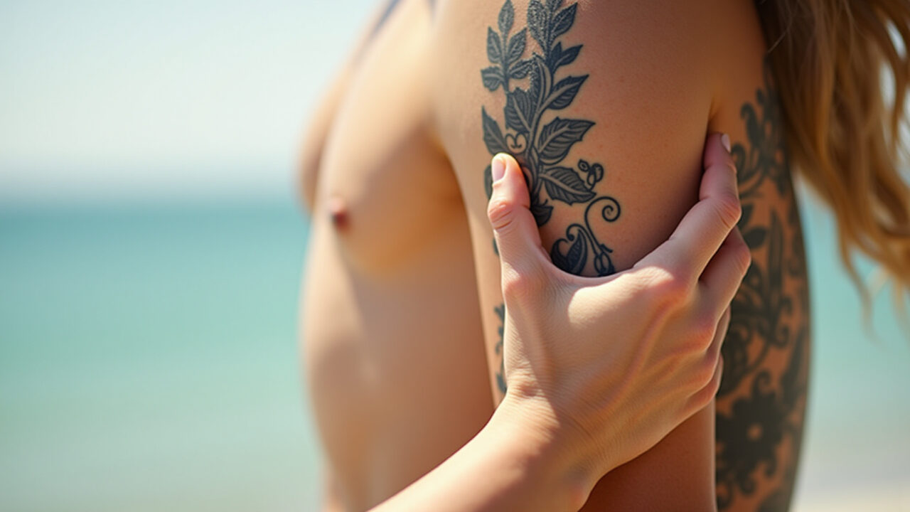 Arm with fresh tattoo applying high SPF sunscreen on arm in sunny day. Professional photography, 8K Proteção solar com FPS alto em tatuagem nova para evitar desbotamento.