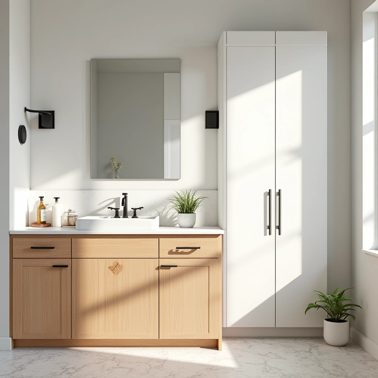 Armário de madeira com portas brancas.