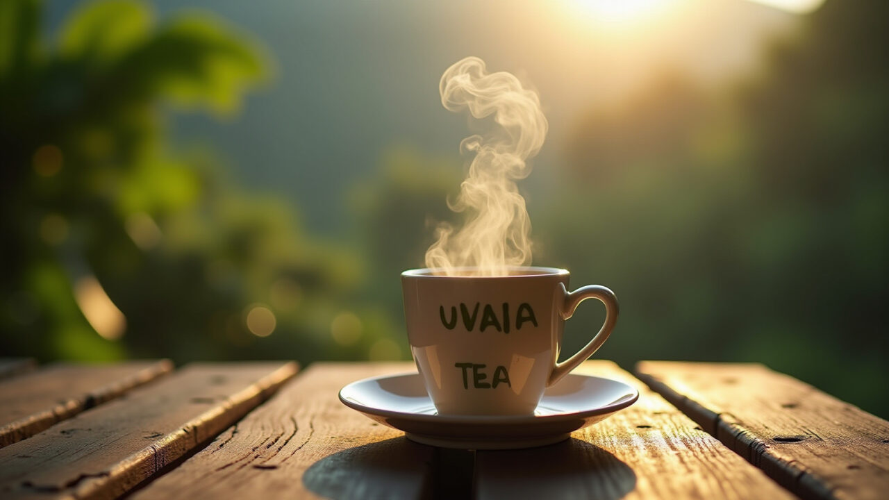 Aromatic steam rising from a cup of uvaia leaf tea, rustic wooden table, soft natural light, Xícara fumegante de chá de folha de uvaia em mesa rústica.