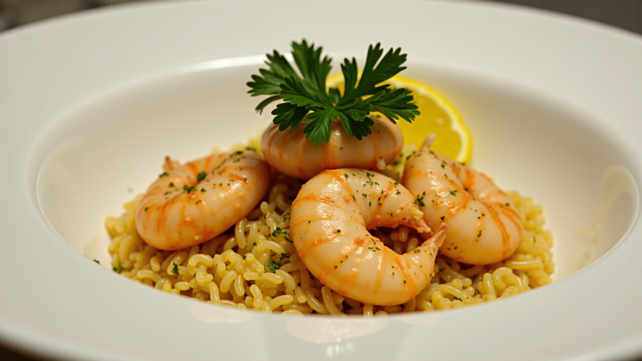 Arroz com camarão, served in a bowl, garnished with parsley and lemon. Seafood dish, 8K quality, Arroz com camarão elegante e saboroso.