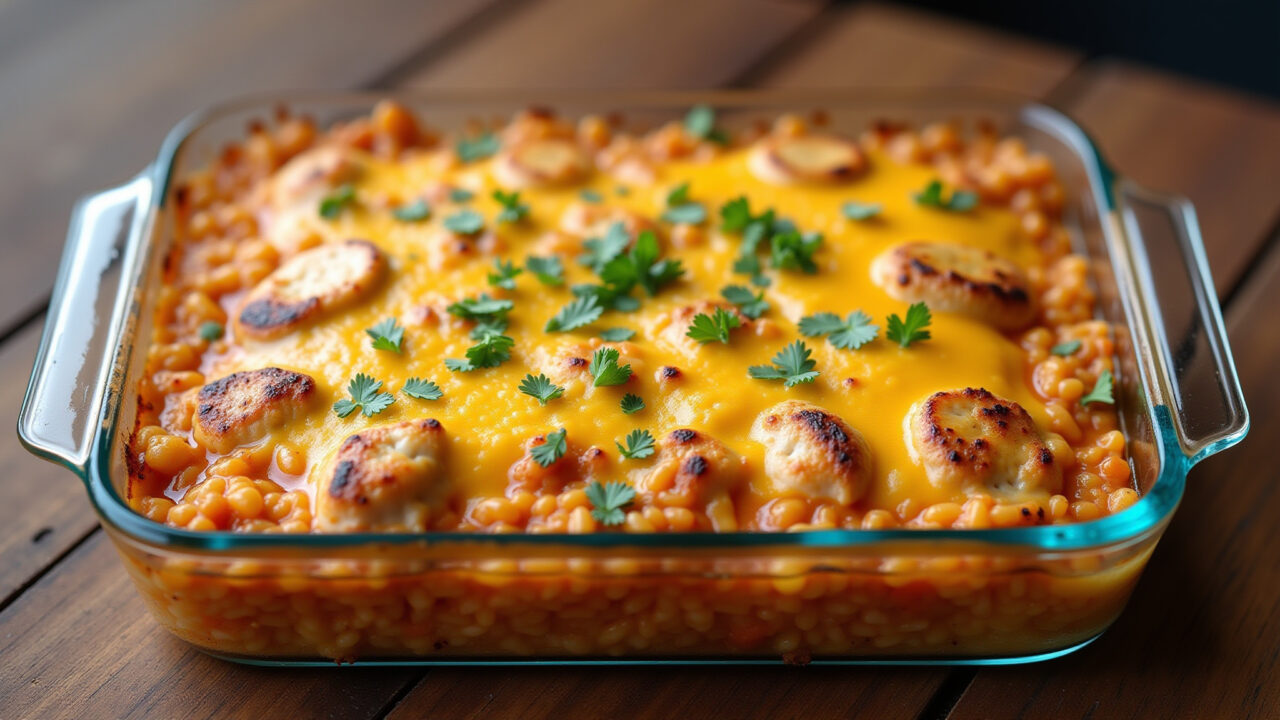 Arroz de forno with melted cheese, chicken, vegetables, baked in a glass dish. Farm Rio style Arroz de forno gratinado com frango e legumes.