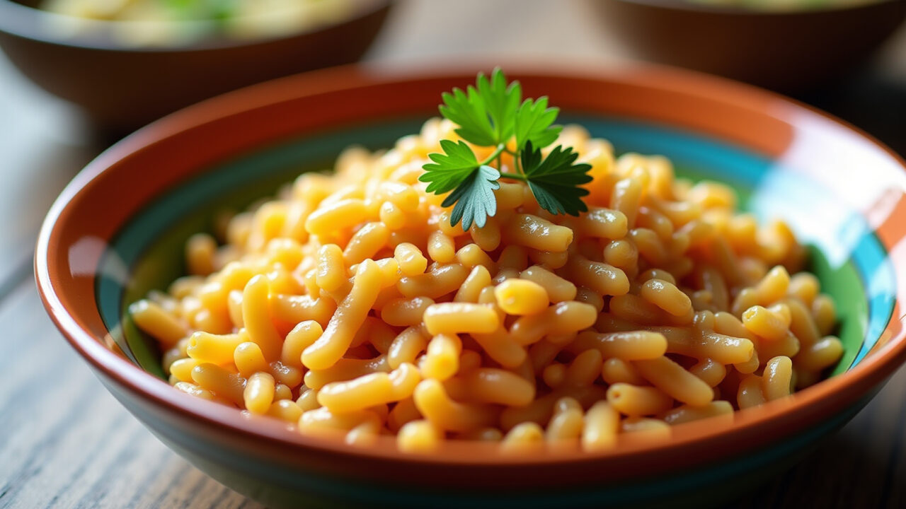 Arroz de salsicha in a colorful bowl, garnished with parsley, on a wooden table, natural lighting, Arroz de salsicha com legumes.
