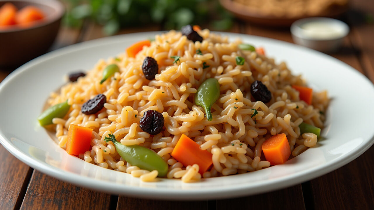 Arroz à grega with raisins, carrots, bell peppers, served on a plate. Brazilian style table Arroz à grega com passas, cenoura e pimentão.