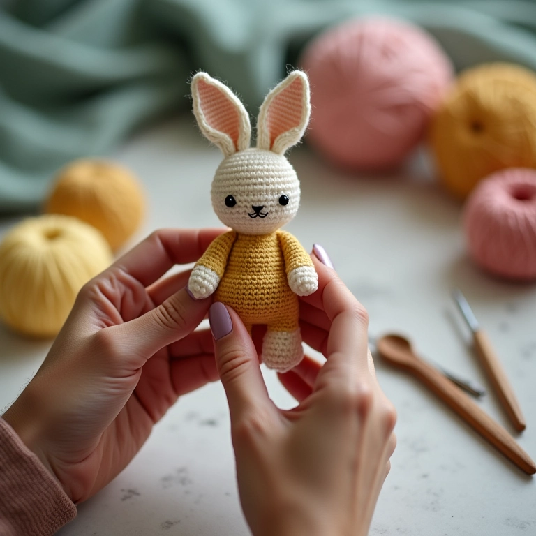 Artesã fazendo um coelho amigurumi.