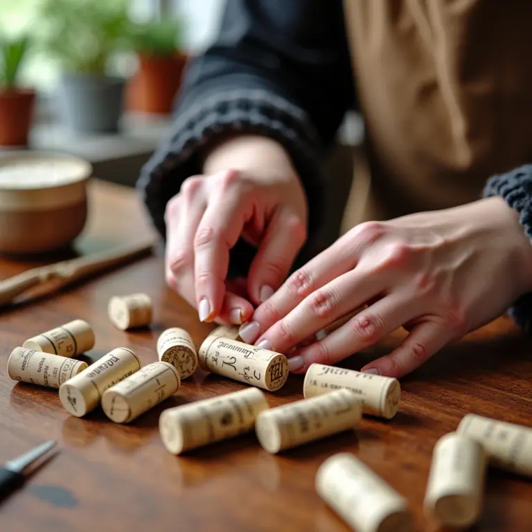 Artesanato com rolhas de vinho, mãos criando em mesa de madeira