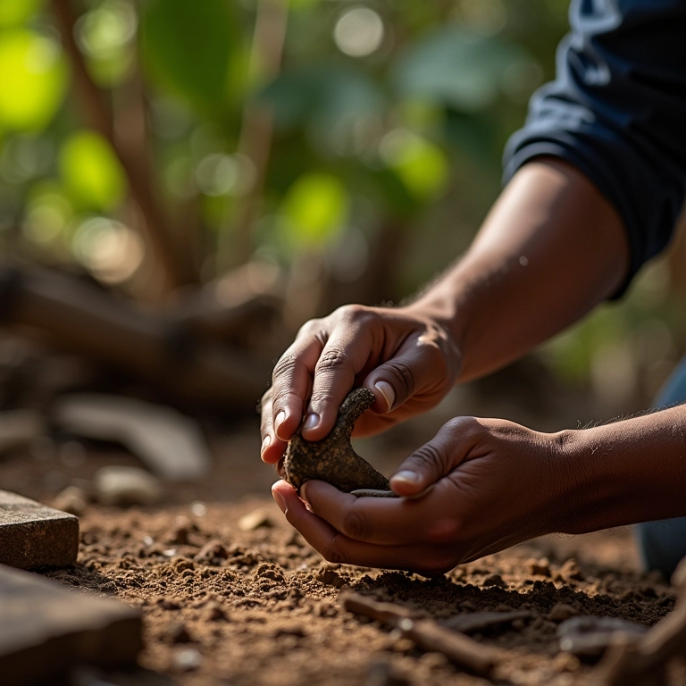 Artesão construindo carrinho de rolimã com madeira reciclada em quintal ensolarado.