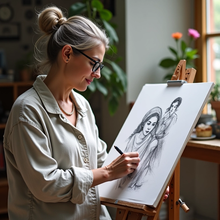 Artista criando uma história em quadrinhos sobre família e identidade.